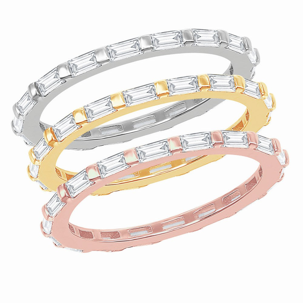 Sterling Silver Tri-Color Baguette CZ and Beaded Eternity Triple Band Ring