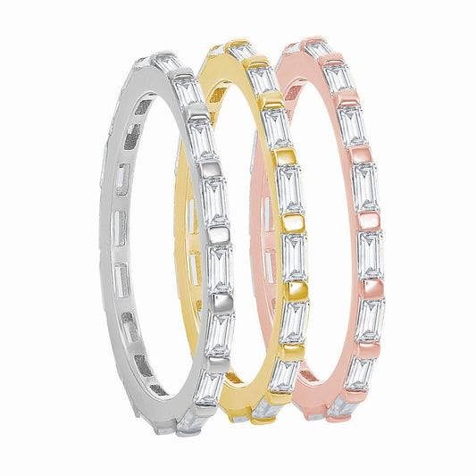 Sterling Silver Tri-Color Baguette CZ and Beaded Eternity Triple Band Ring