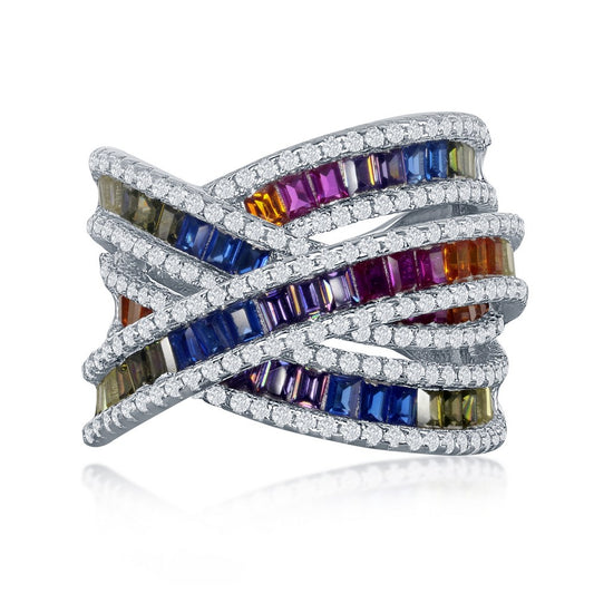 Sterling Silver Rainbow Baguette CZ Double 'X' Ring