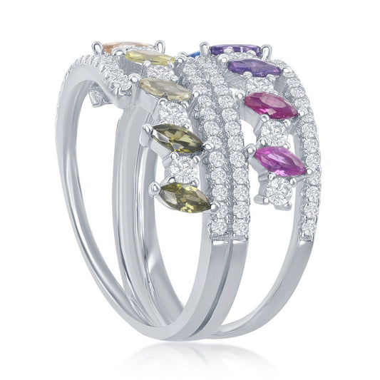 Sterling Silver Multi-Color Marquise CZ Double Ring