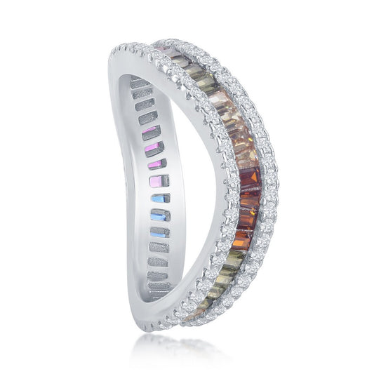 Sterling Silver Rainbow Baguette CZ with Clear CZ Border Wavy Ring