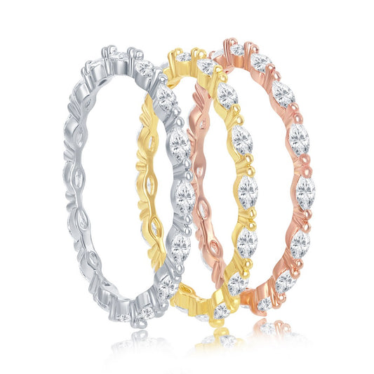 Sterling Silver Marquise CZ 2mm Eternity Triple Band Ring - Tri Color