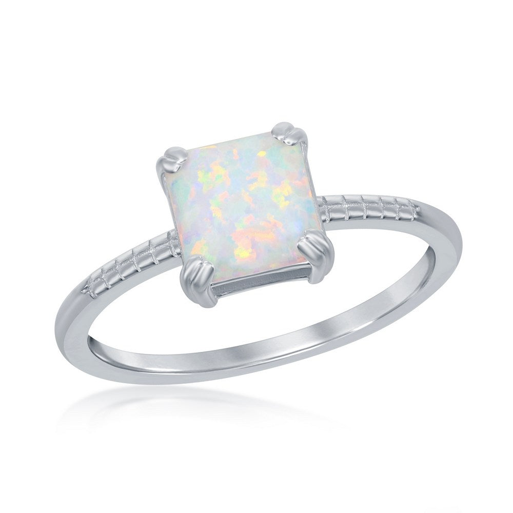 Sterling Silver, Square White Opal Beaded Band Ring