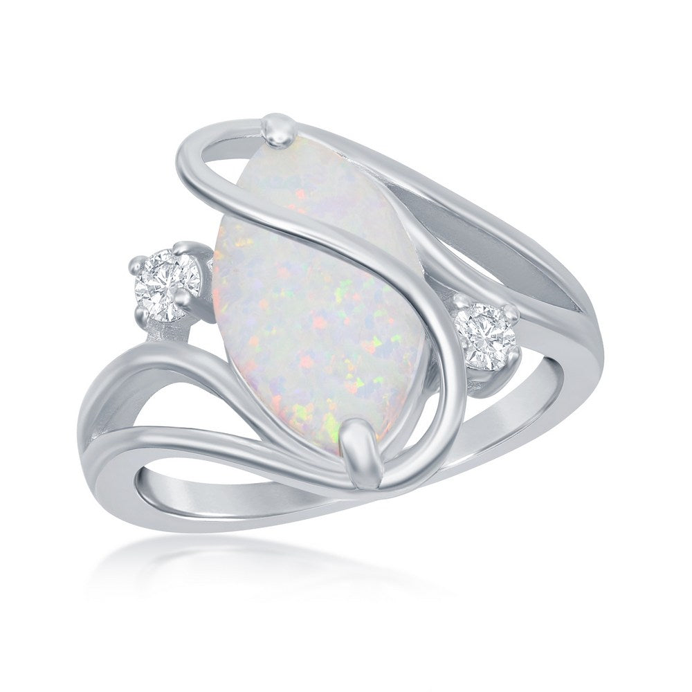 Sterling Silver, White Inlay Opal Oval Twist With CZ Ring