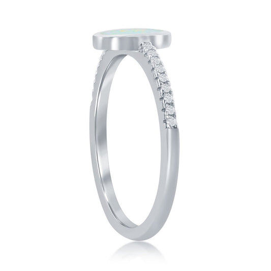 Sterling Silver White Inlay Opal Oval CZ Band Ring