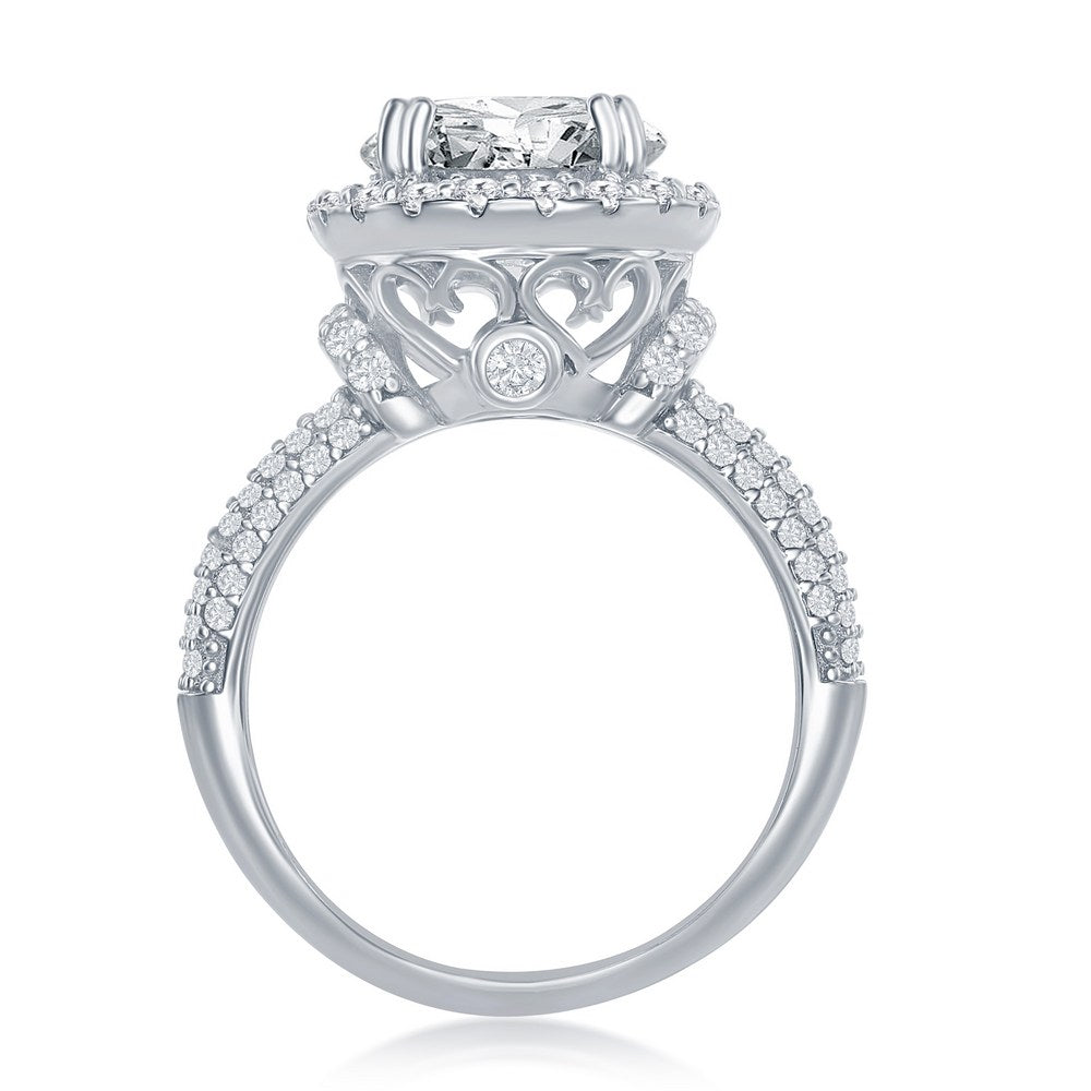 Sterling Silver Crown Set Round CZ with Halo Micro Pave CZ Band Engagement Ring