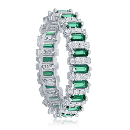 Sterling Silver Round & Baguette Eternity Band Ring - Emerald CZ