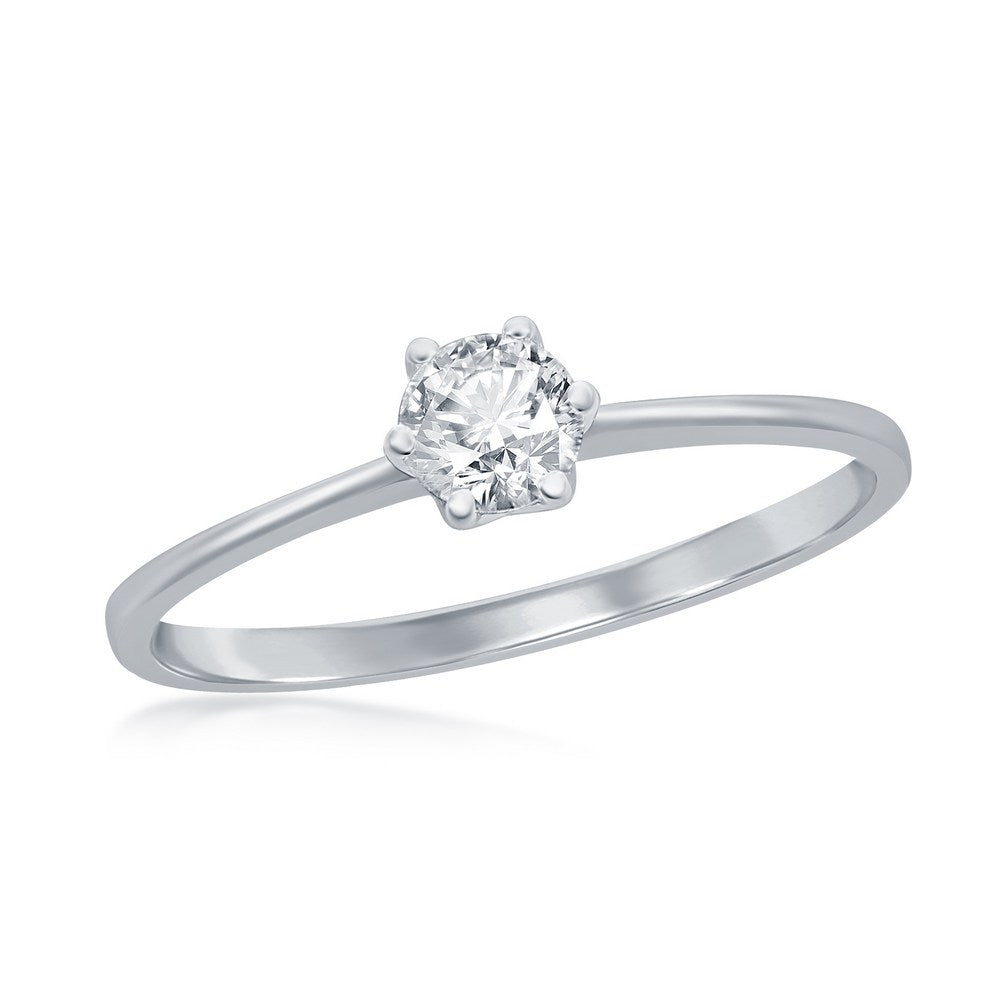 Sterling Silver, 4mm Round Solitaire CZ 6-prong Engagement Ring