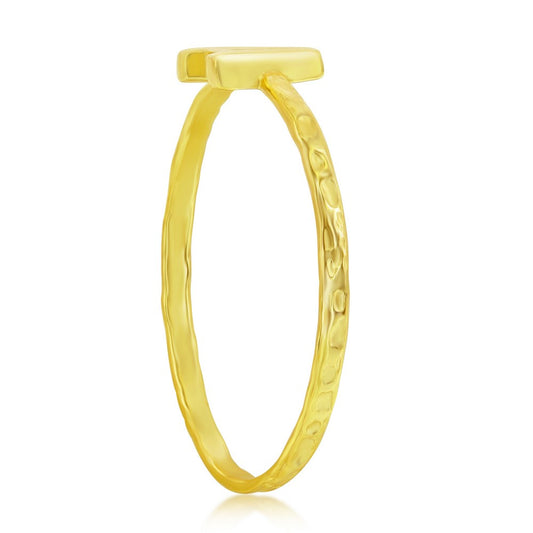 Sterling Silver 'A' Initial Hammered Band Ring - Gold Plated