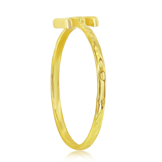 Sterling Silver 'E' Initial Hammered Band Ring - Gold Plated