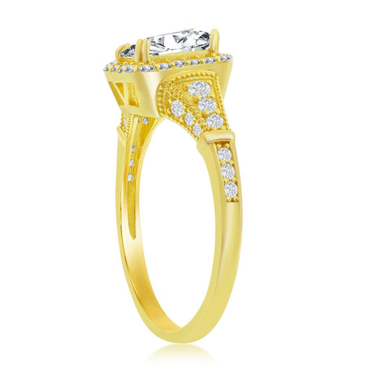 Sterling Silver Emerald-Cut CZ Vintage Inspired Engagement Ring - Gold Plated