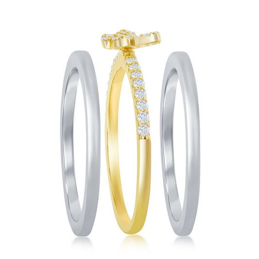 Sterling Silver 3-PC Micro Pave CZ Gold Plated Butterfly Ring