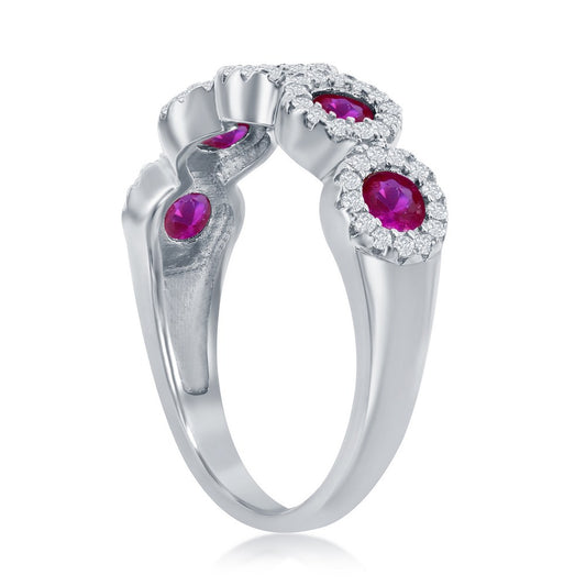 Sterling Silver Round White & Ruby CZ Half Eternity Ring