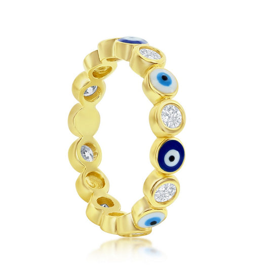 Sterling Silver CZ, Blue & White Enamel Evil Eye Eternity Ring - Gold Plated