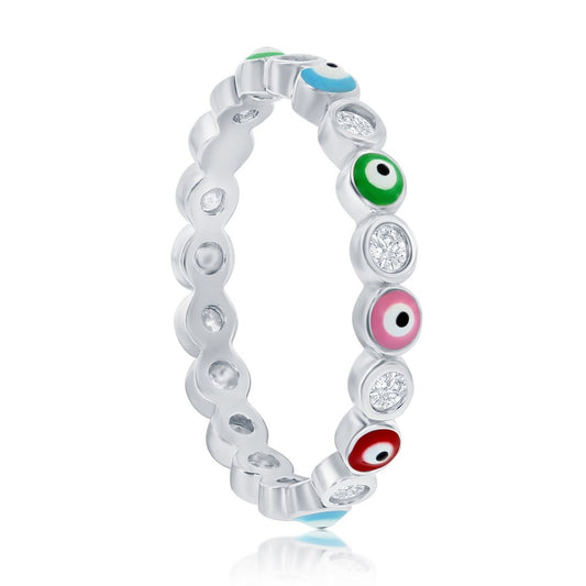 Sterling Silver CZ & Multi Color Enamel Evil Eye Eternity Ring