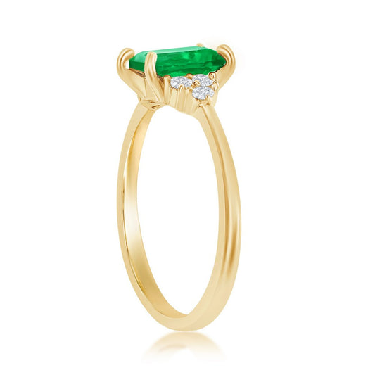 Sterling Silver Emerald CZ & White CZ Cluster Side Stones Ring - Gold Plated