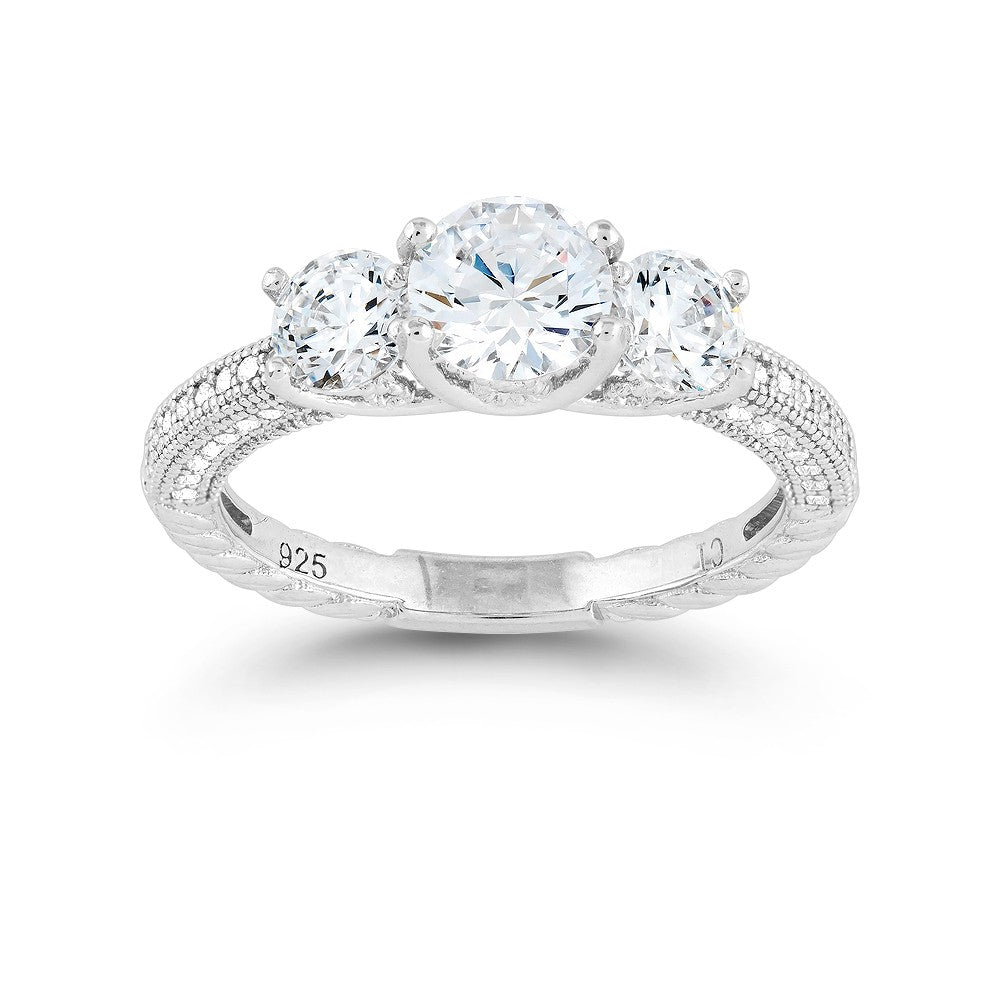 Sterling Silver Triple Center Round CZ with Micro Pave Band Ring