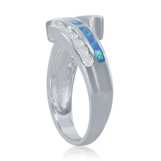 Sterling Silver Blue Inlay Opal and CZ Overlapping Ring