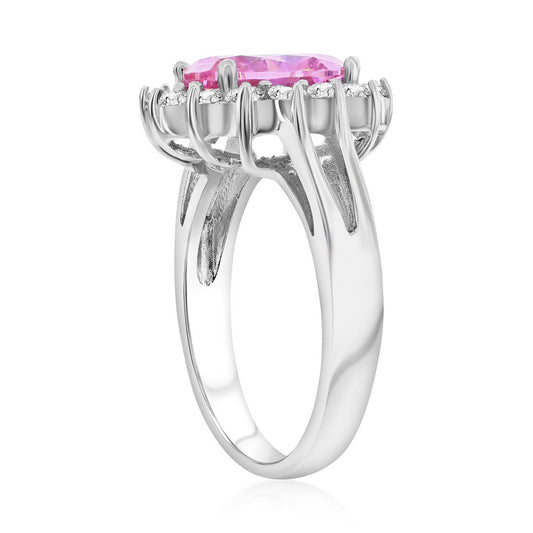 Sterling Silver Oval Pink and Clear CZ Engagement Ring