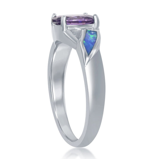 Sterling Silver Blue Opal w/Purple Oval CZ Ring