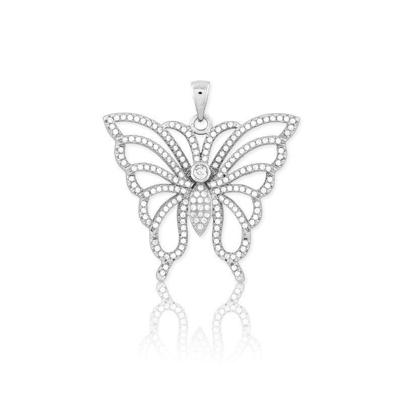 Sterling Silver Large Micro Pave Butterfly Pendant W/Chain