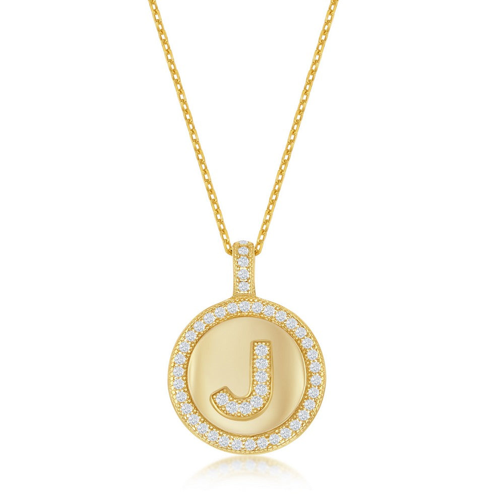 Sterling Silver Micro Pave Circle "J" Pendant W/ Chain - Gold Plated