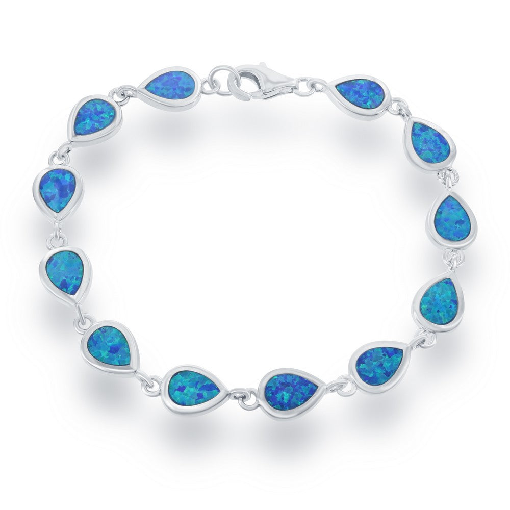 Sterling Silver, Small Blue Inlay Opal Teardrop Link Bracelet