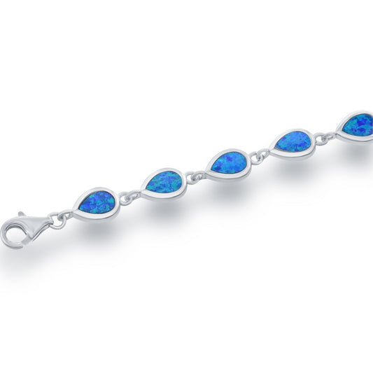 Sterling Silver, Small Blue Inlay Opal Teardrop Link Bracelet