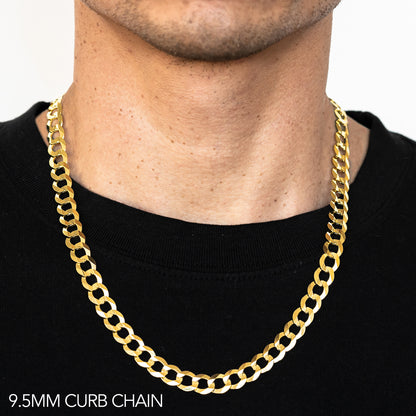10K 9.5MM YELLOW GOLD SOLID CURB 22" CHAIN NECKLACE (AVAILABLE IN LENGTHS 7" - 30")