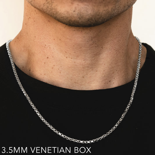 10K 3.5MM WHITE GOLD VENETIAN BOX 30" CHAIN NECKLACE (AVAILABLE IN LENGTHS 7" - 30")