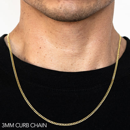 10K 3MM YELLOW GOLD SOLID CURB 20" CHAIN NECKLACE (AVAILABLE IN LENGTHS 7" - 30")