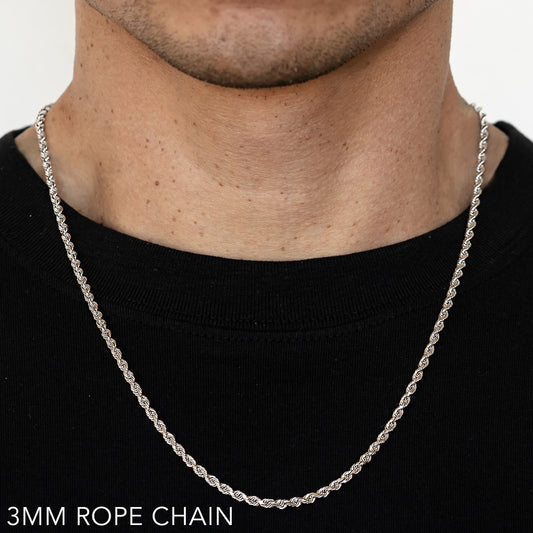 14K 3MM WHITE GOLD SOLID DC ROPE 9" CHAIN BRACELET (AVAILABLE IN LENGTHS 7" - 30")
