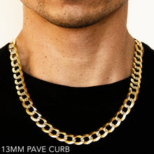 Load image into Gallery viewer, 14K 13MM YELLOW GOLD SOLID PAVE CURB 16&quot; CHAIN NECKLACE (AVAILABLE IN LENGTHS 7&quot; - 30&quot;)
