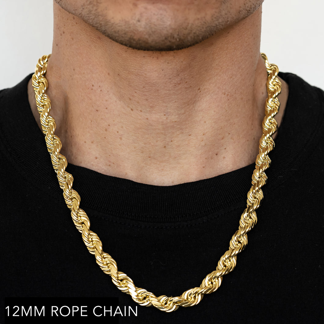 10K 12MM YELLOW GOLD SOLID DC ROPE 22