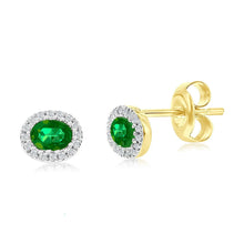 Load image into Gallery viewer, 14K Yellow Gold, 4x3mm Oval Emerald (0.35ct) &amp; Diamond Studs - (32 Stones)
