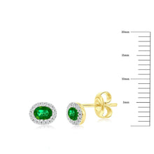 Load image into Gallery viewer, 14K Yellow Gold, 4x3mm Oval Emerald (0.35ct) &amp; Diamond Studs - (32 Stones)
