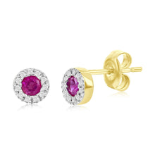 Load image into Gallery viewer, 14K Yellow Gold, 3mm Round Ruby (0.32ct) &amp; Diamond Studs - (22 Stones)
