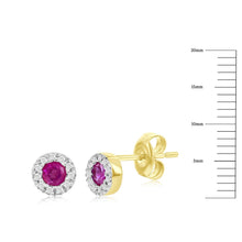 Load image into Gallery viewer, 14K Yellow Gold, 3mm Round Ruby (0.32ct) &amp; Diamond Studs - (22 Stones)
