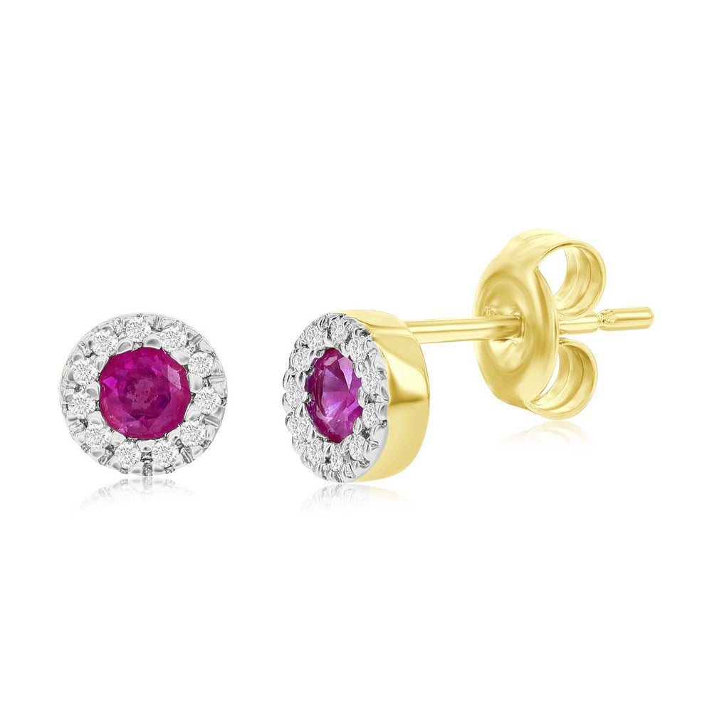 14K Yellow Gold, 3mm Round Ruby (0.32ct) & Diamond Studs - (22 Stones)