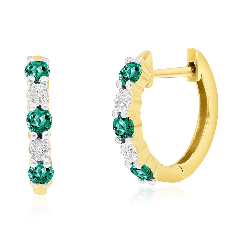 14K Yellow Gold, Round 0.34ct Emerald, Diamond Hoop Earrings - (10 Stones)