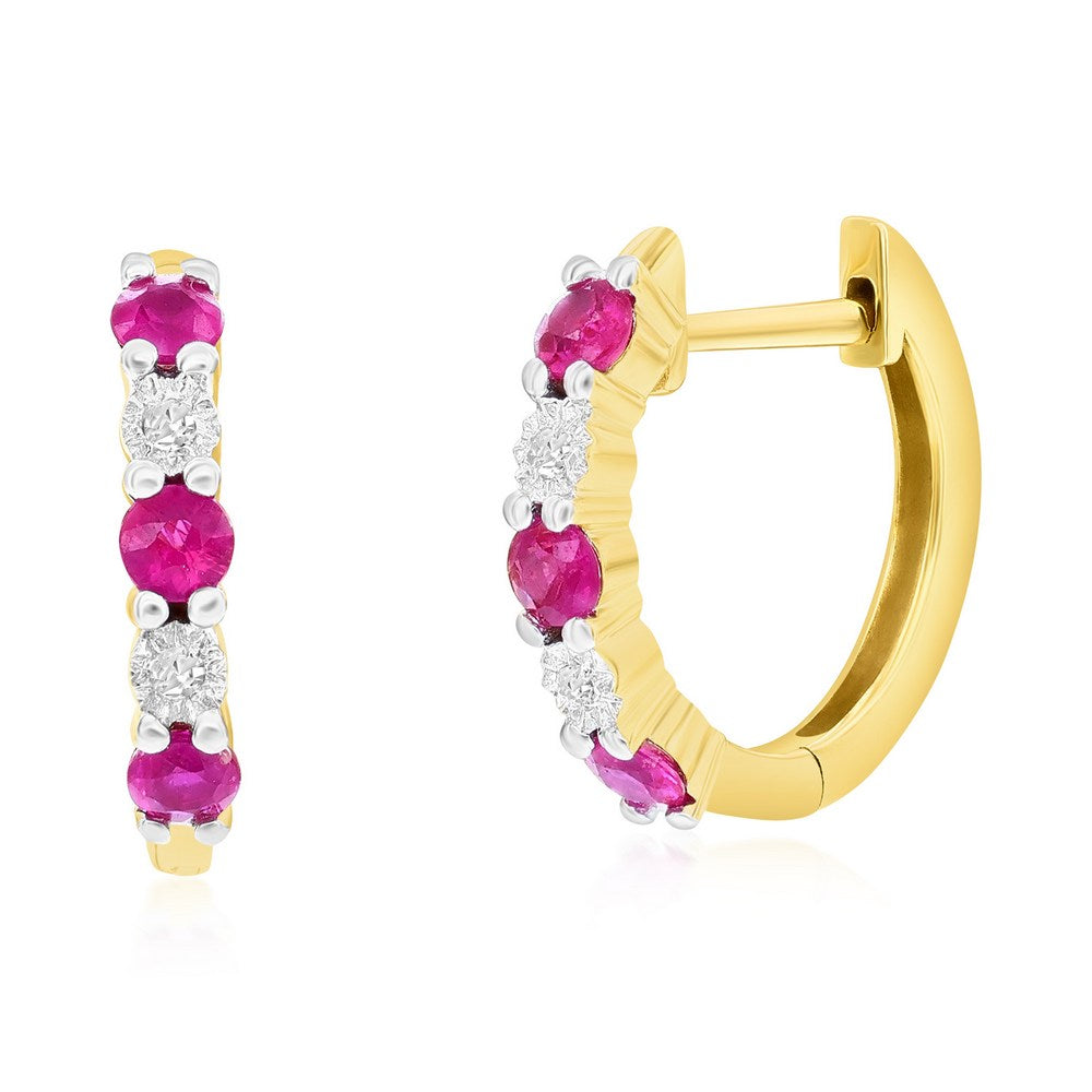 14K Yellow Gold, Round 0.34ct Ruby, Diamond Hoop Earrings - (10 Stones)