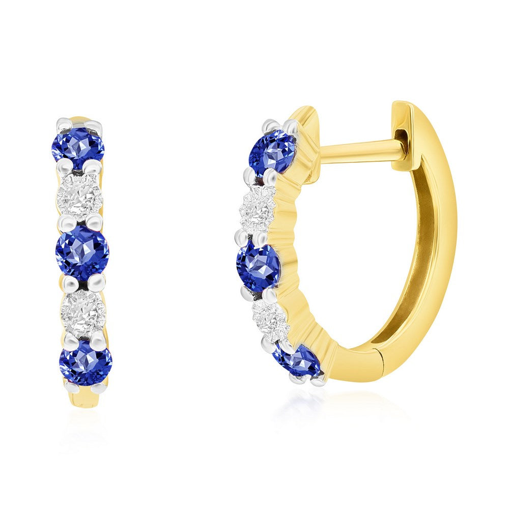 14K Yellow Gold, Round 0.34ct Sapphire, Diamond Hoop Earrings - (10 Stones)