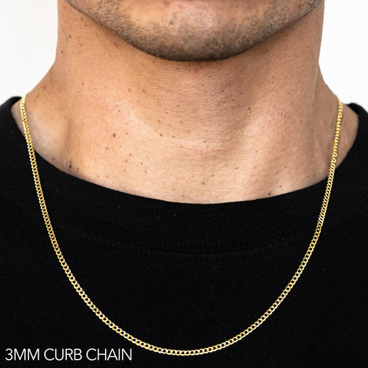 14K 3MM YELLOW GOLD SOLID CURB 28" CHAIN NECKLACE (AVAILABLE IN LENGTHS 7" - 30")