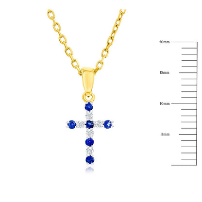 14K Yellow Gold, Sapphire & Diamond Cross Pendant - (11 Stones)
