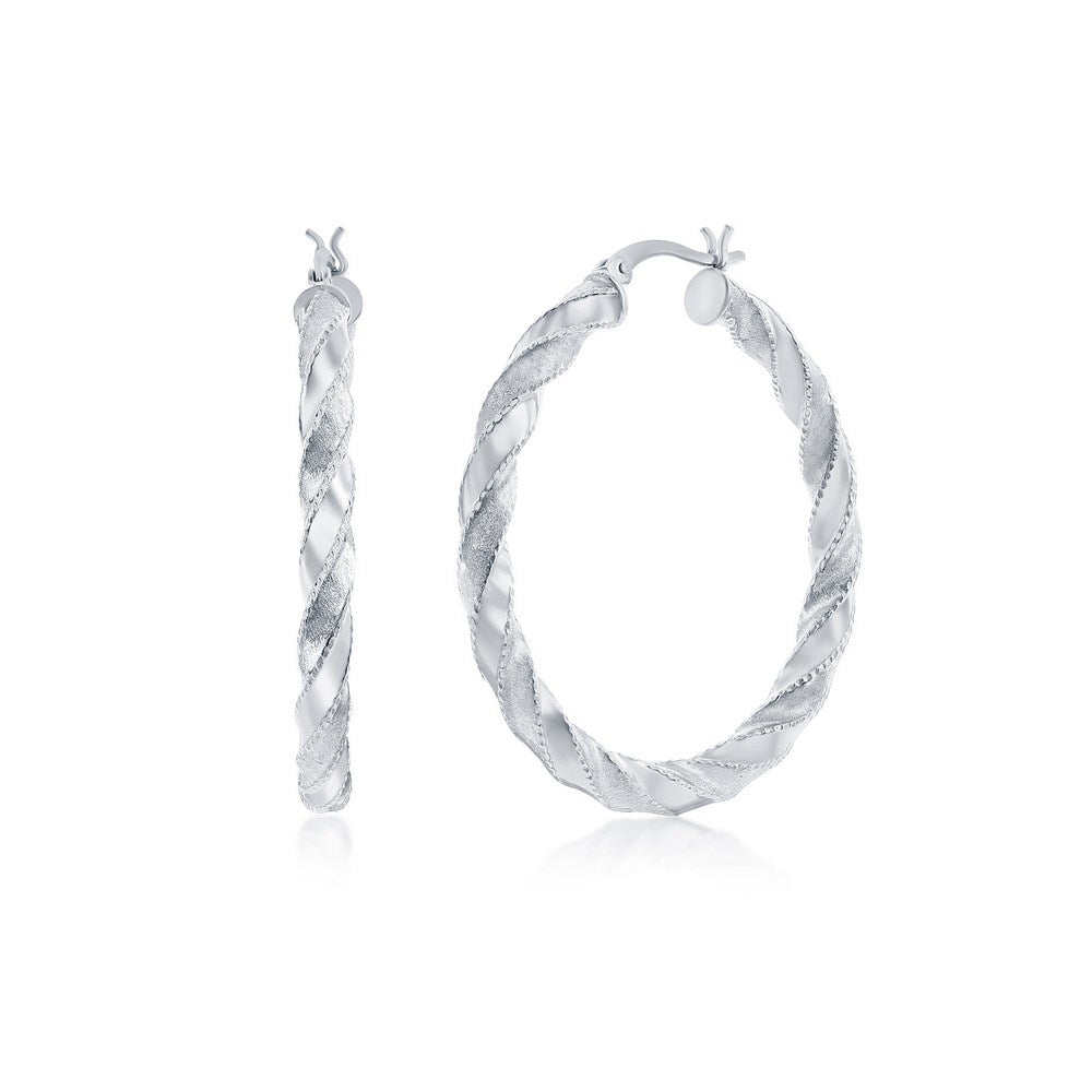 Sterling Silver Polished & Satin 30mm Twisted Hoops