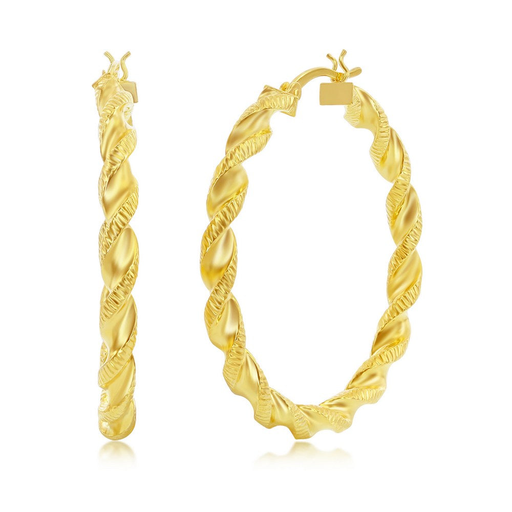 Sterling Silver Polished & Satin 40mm Twisted Hoops - Gold Plated