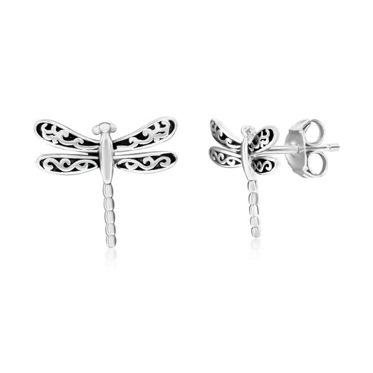 Sterling Silver, Oxidized Dragonfly Studs