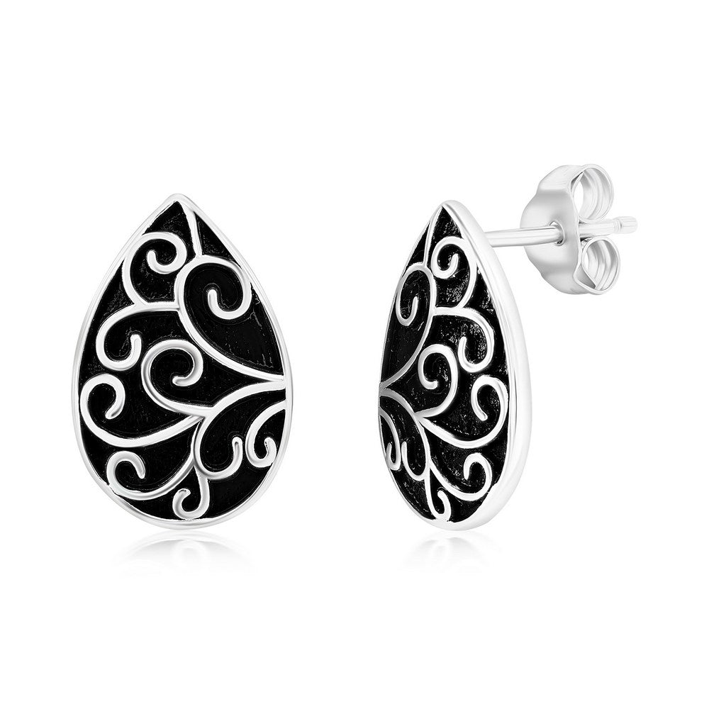 Sterling Silver Oxidized Pearshaped Filigree Design Stud Earrings