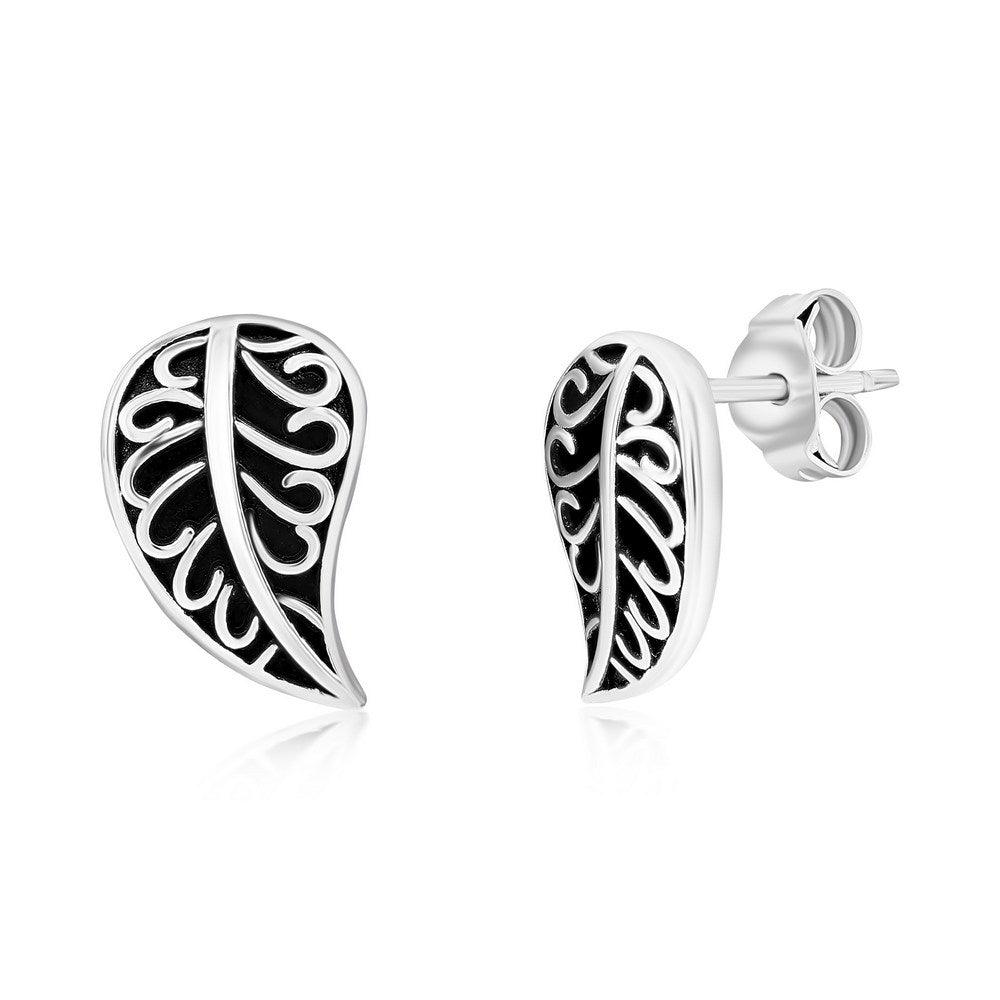 Sterling Silver Oxidized Leaf Design Stud Earrings