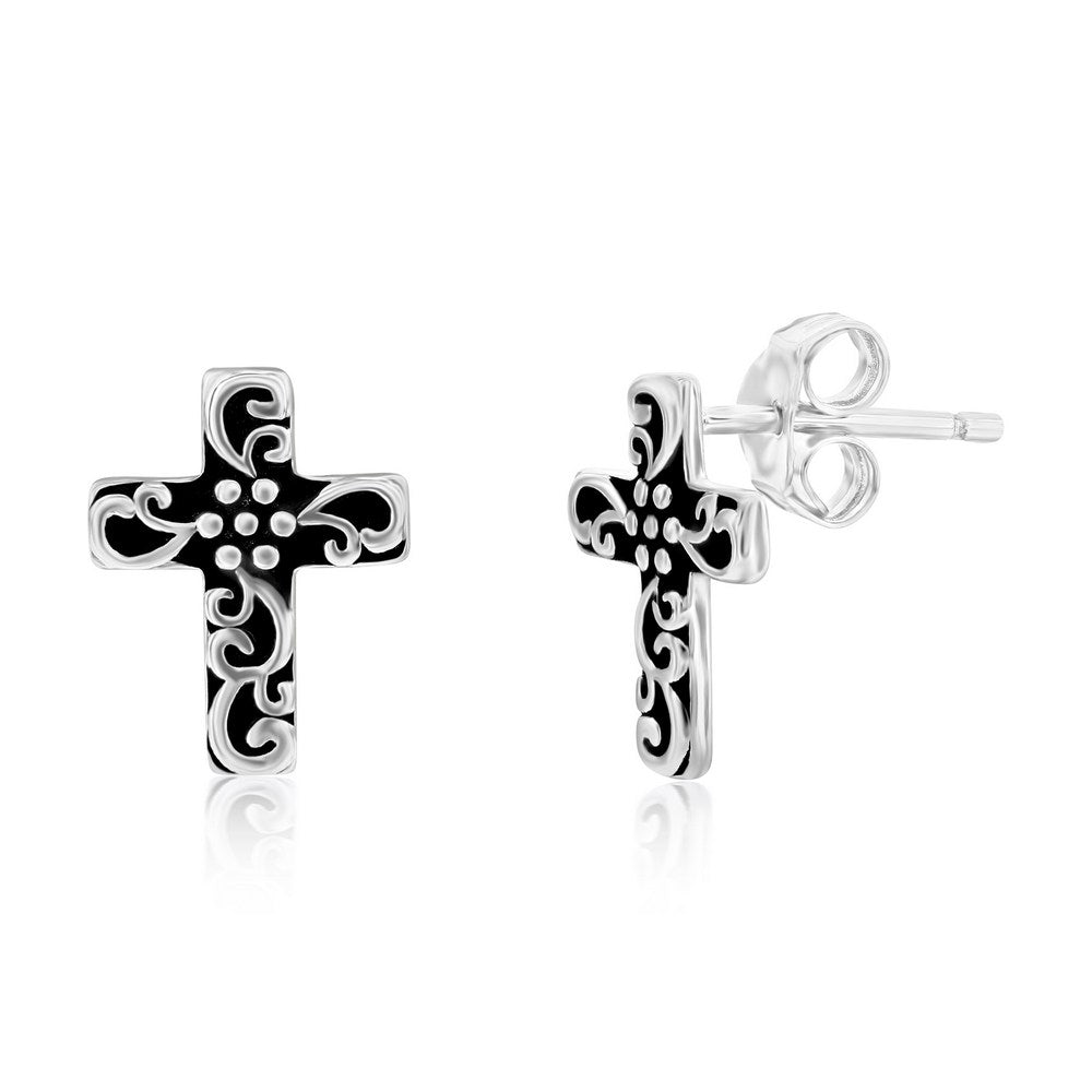 Sterling Silver Oxidized Cross Studs